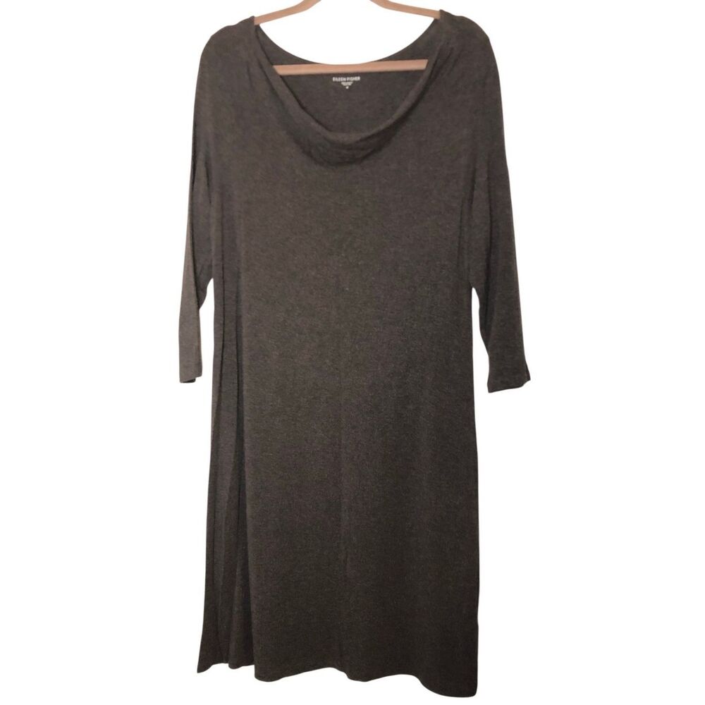 Eileen Fisher Cowl Neck Stretchy Dress sz M 3/4 sleeves minimalist career Heathe